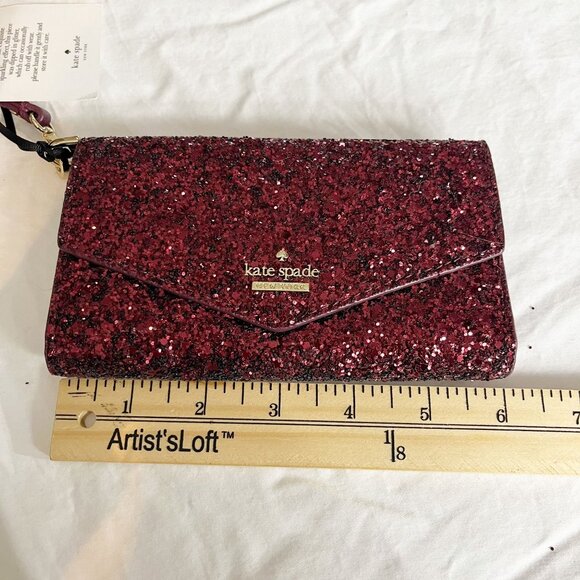 NEW Kate Spade iPhone Wristlet Deep Plum Red Glitter Wallet Card Slots Envelope - Picture 6 of 7